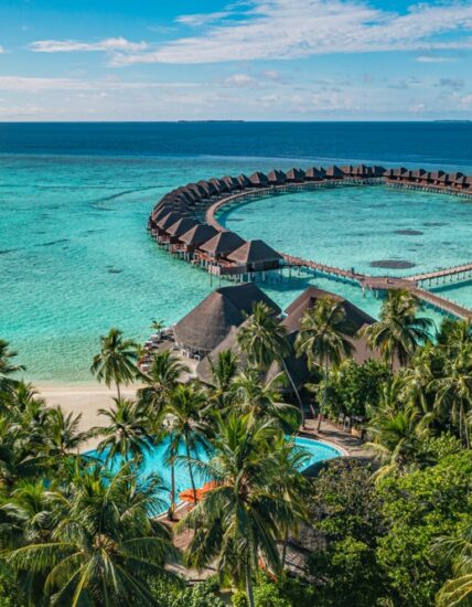Picturesque,Aerial,Landscape,Maldives,Water,Villas,Tropical,Paradise,Island,Turquoise