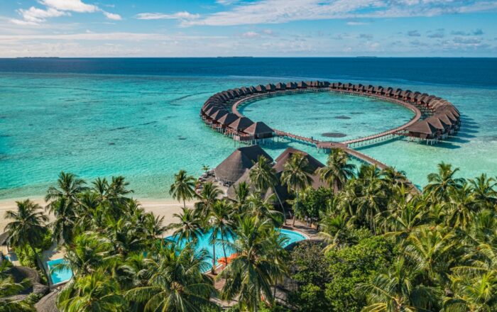 Picturesque,Aerial,Landscape,Maldives,Water,Villas,Tropical,Paradise,Island,Turquoise